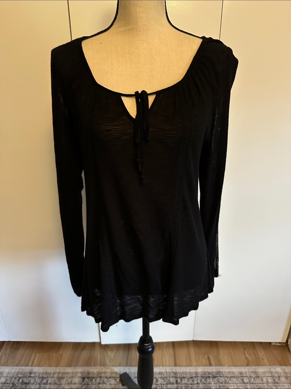 Black Long-Sleeve Sheer Tie-Neck Women's Top